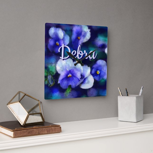 Blue Pansies Pansy Flower Floral Personalized Quadratische Wanduhr (Büro)
