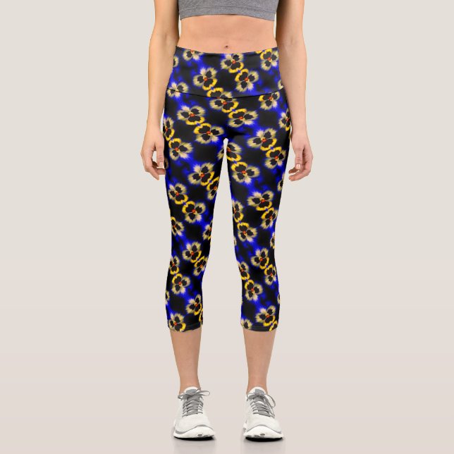 Blue Pansy Blume Abstraktes Muster Capri Leggings (Vorderseite)