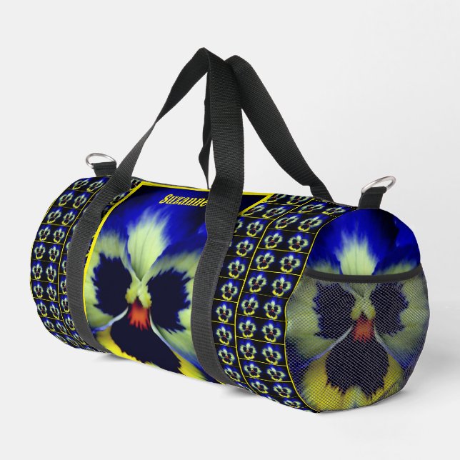 Blue Pansy Blume Personalisiert Duffle Bag (Rechte Ecke)