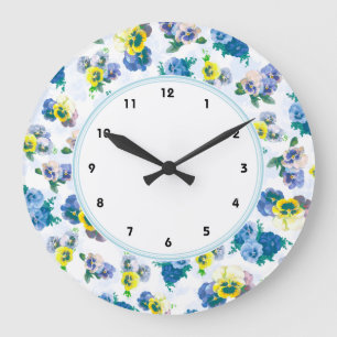 Blue Pansy Flowers floral pattern Große Wanduhr