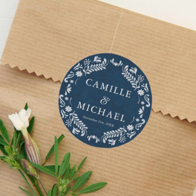 Blue Papel Picado Gastgeschenk Hochzeit Runder Aufkleber (Blue Papel Picado Wedding Favor Sticker)