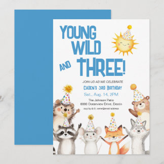 Blue Party Forest Animals Party hat 3. Geburtstag Einladung