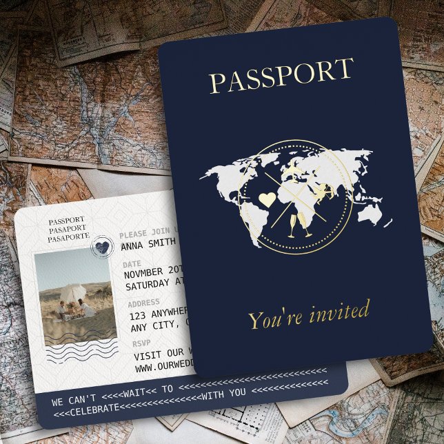 Blue Passport Gold & Navy Einzigartiges Hochzeitss Folieneinladung (Gold Foil & Navy Blue Wedding Passport)