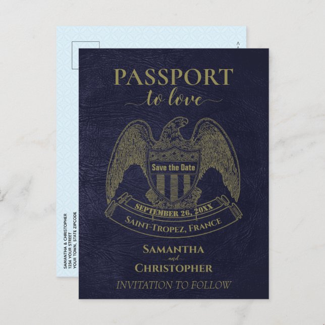 Blue Passport-Spaß Hochzeit speichern Sie das Datu Ankündigungspostkarte (Vorne/Hinten)