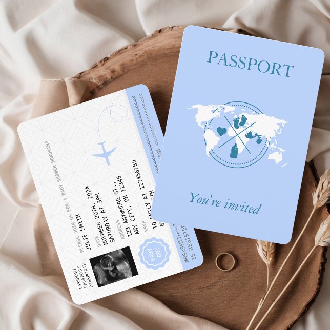 Blue Passport Travel Boy Baby Dusche Weltkarte Einladung (Passport Baby Shower Invitation Baby Boy Blue Ultrasound Photo Aesthetic Travel Adventure Beigins)