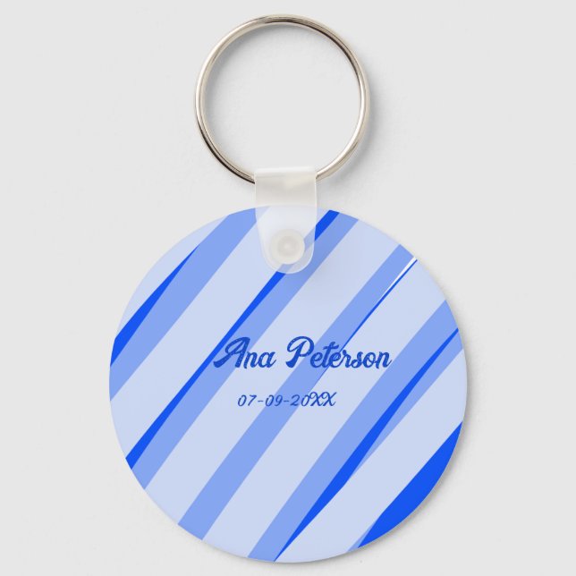 Blue pastel add name date boho retro lines pattern schlüsselanhänger (Vorderseite)