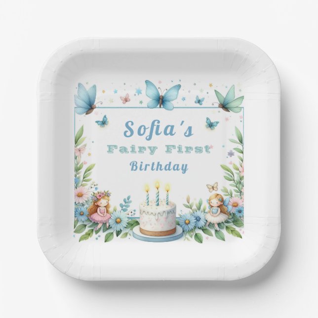 Blue Pastel Butterfly Fairy Erster Geburtstag - Pappteller (Vorderseite)