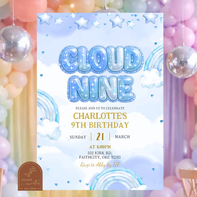 Blue Pastel Cloud Nine Birthday Einladung (Von Creator hochgeladen)