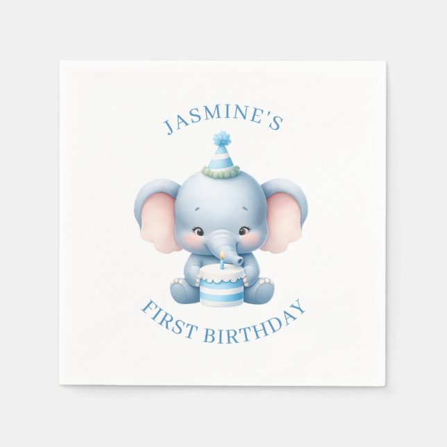 Blue Pastel Elephant Kindergeburtstag Paper Napkin Serviette (Vorderseite)