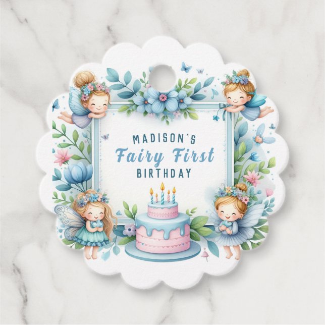 Blue Pastel Floral Fairy Erster Geburtstag - Geschenkanhänger (Vorderseite)