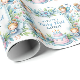 Blue Pastel Floral Fairy Erster Geburtstag - Geschenkpapier