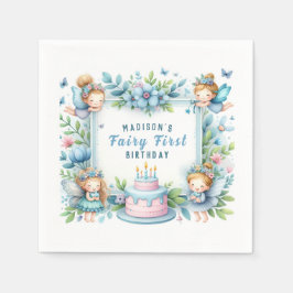 Blue Pastel Floral Fairy Erster Geburtstag - Serviette