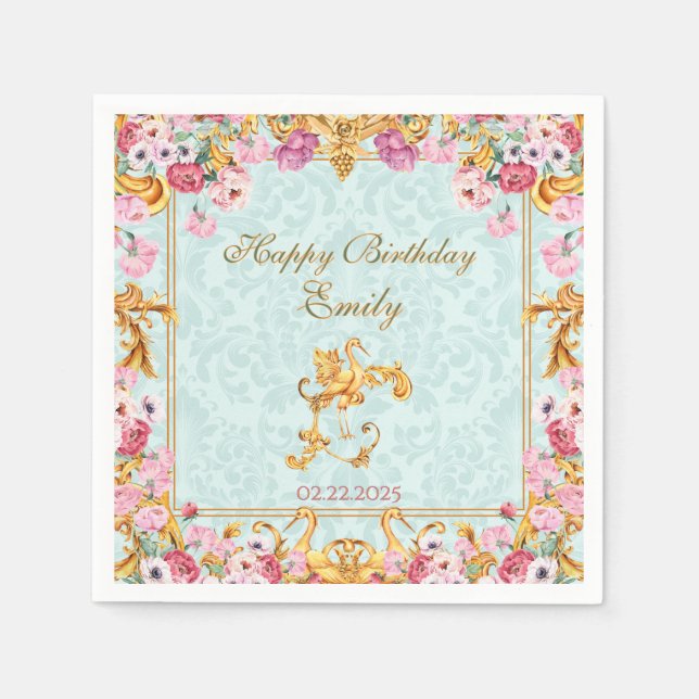 Blue Pastel Gold Baroque Rokoko Happy Birthday Serviette (Vorderseite)