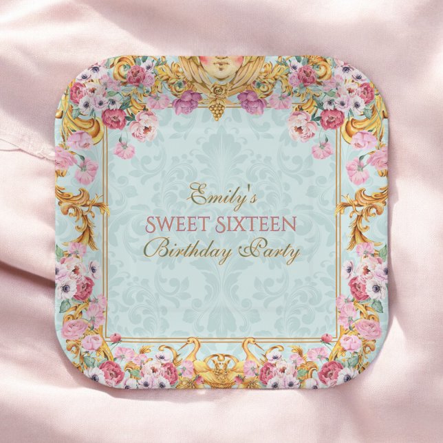 Blue Pastel Gold Sweet 16 Baroque Rokoko Geburtsta Pappteller (Von Creator hochgeladen)