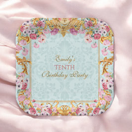 Blue Pastel Gold Zehnte Barock Rokoko Geburtstag Pappteller