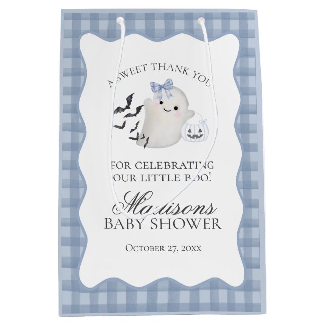 Blue Pastel Little Boo Ghost Baby Shower Favors Mittlere Geschenktüte (Vorderseite)