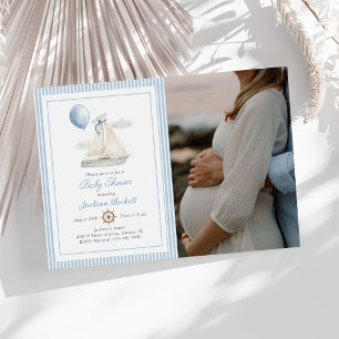 Blue Pastel Nautical Sail Boat Baby Dusche Foto Einladung