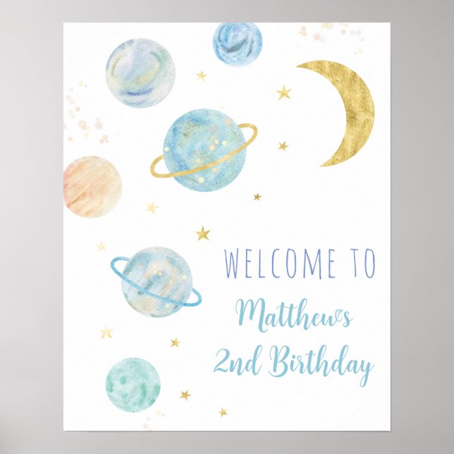 Blue Pastel Two Moon Space Begrüßung Poster (Vorne)