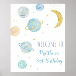 Blue Pastel Two the Moon Space Birthday Welcome Poster