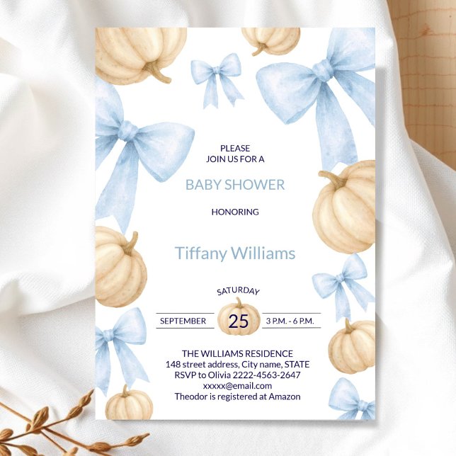 Blue Pastell Watercolor Pumpkin Buganband Einladung (Little Pumpkin Baby Shower Invitation Boy | elegant Blue Bow Fall Theme)
