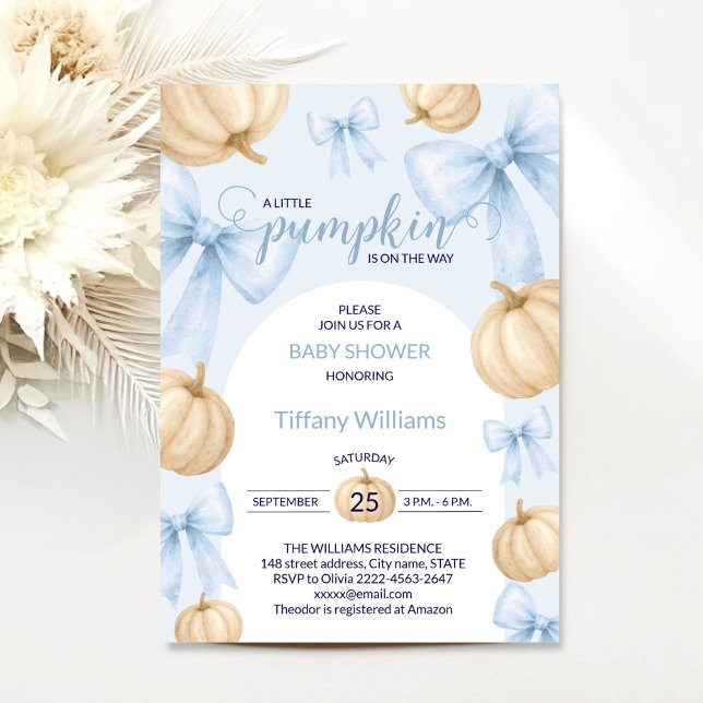 Blue Pastell Watercolor Pumpkin Buganband Einladung (Little Pumpkin Baby Shower Invitation Boy | Blue Bow Fall Theme)