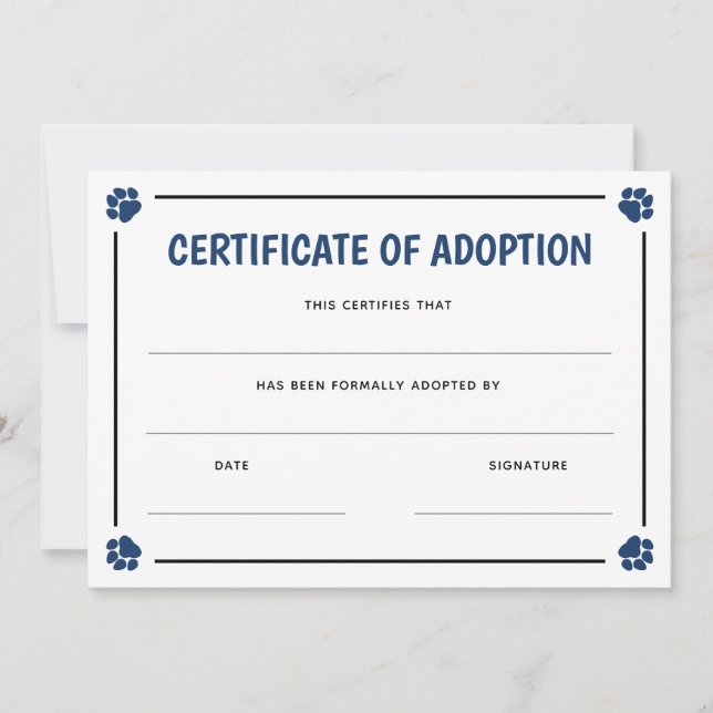 Blue Paw Print Frame Pet Zertifikat für Adoption (Vorderseite)