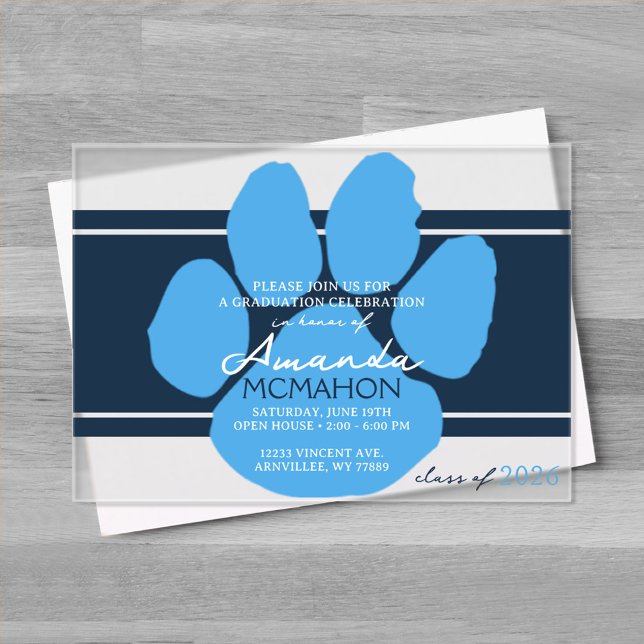 Blue Pawprint Abschluss Elegant Acryleinladungen (Unique Light Blue & Navy Graduation Pawprint Elegant Frosted Acrylic Invitations)