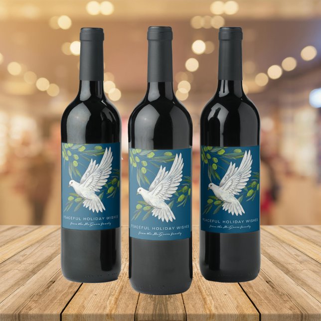 Blue Peace Dove and Olive Branches Custom Weinetikett (Christmas theme wine bottle label in blue  with white peace dove and olives and custom text)
