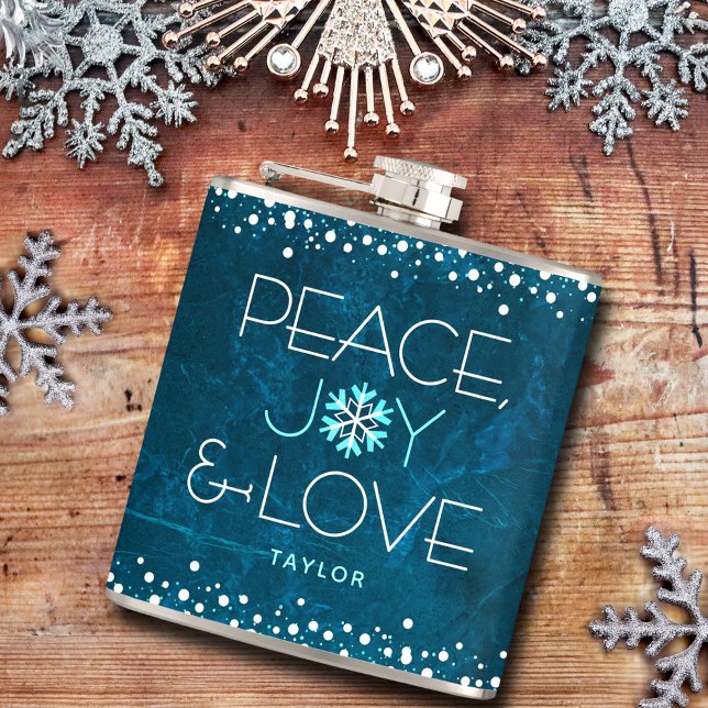 Blue Peace Joy Liebe Holiday Snowflake Bold Modern Flachmann (Von Creator hochgeladen)