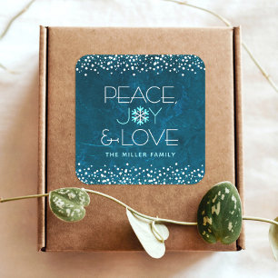 Blue Peace Joy Liebe Snowflake Typografie Holiday Quadratischer Aufkleber