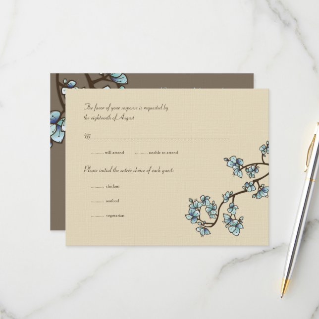 Blue Peach Blossoms Sakura Asian Wedding RSVP Card (Vorderseite/Rückseite Beispiel)