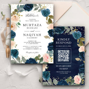 Blue Peach Floral QR Code Muslime Hochzeit Einladung