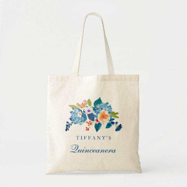 Blue & Peach Floral Quinceanera Tote Beutel Tragetasche (Vorne)
