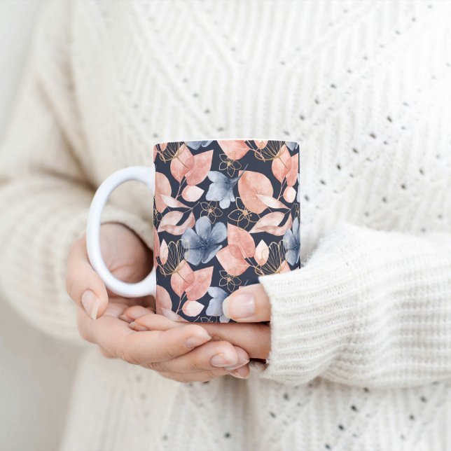 Blue, Peach & Gold Florals Stilvolle botanische Ku Kaffeetasse (Von Creator hochgeladen)