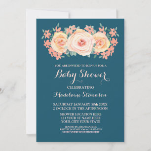 Blue Peach Watercolor Blumenbaby Dusche Einladung