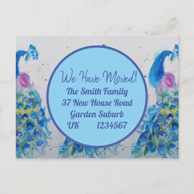 Blue Peacock Art New Address Moving Postcard Postkarte (Vorderseite)
