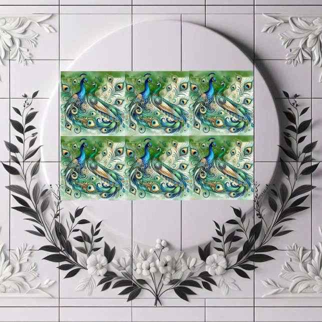 Blue Peacock Couple Green Golden Feathers Motif  Fliese (Blue Peacock Couple Green Golden Feathers Motif Ceramic Tile)