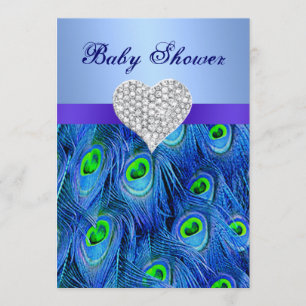 Blue Peacock Diamond Heart Babydusche Einladung