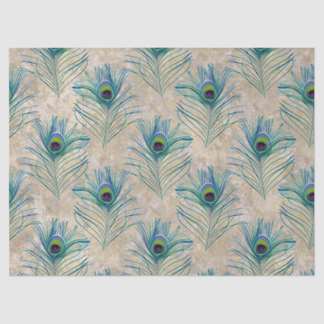 Blue Peacock Feathers auf Light Brown Decoupage Seidenpapier (Vorderseite)
