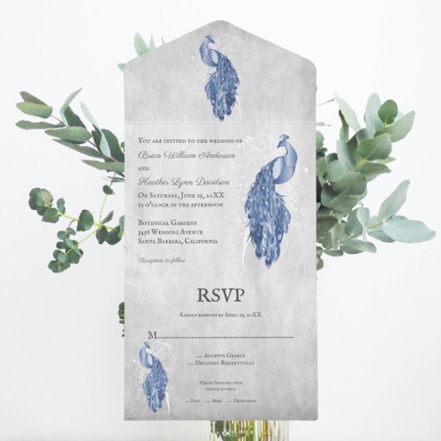 Blue Peacock Hochzeit in einem Einladungsverfahren All In One Einladung (Blue Peacock All in One Wedding Invite)