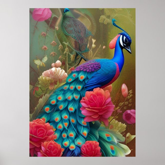 Blue Peacock in Rosa Rose Gartenanlage des Herzens Poster (Vorne)