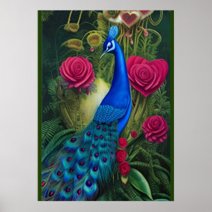 Blue Peacock in Rosa Rose Gartenanlage des Herzens Poster