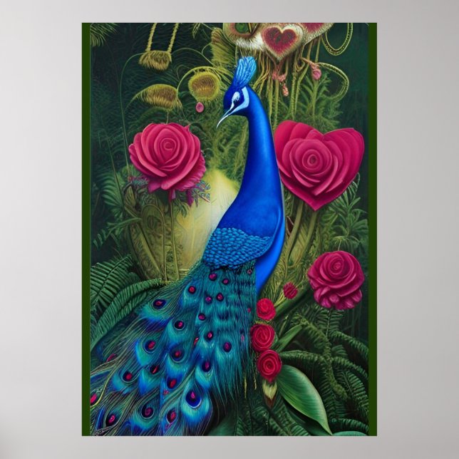 Blue Peacock in Rosa Rose Gartenanlage des Herzens Poster (Vorne)