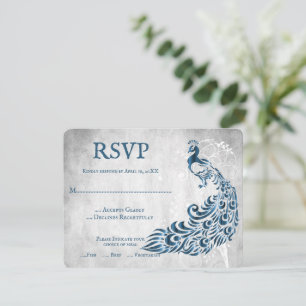 Blue Peacock Leaf Vine Wedding RSVP Card