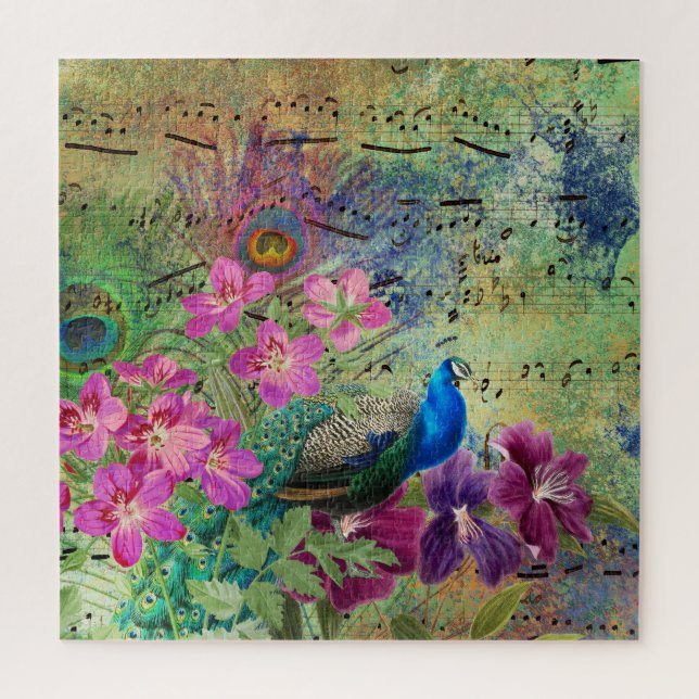 Blue Peacock Pink Blume Noten Puzzle (Vertikal)