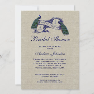 Blue Peacock Rustic Linen Brautparty Einladung
