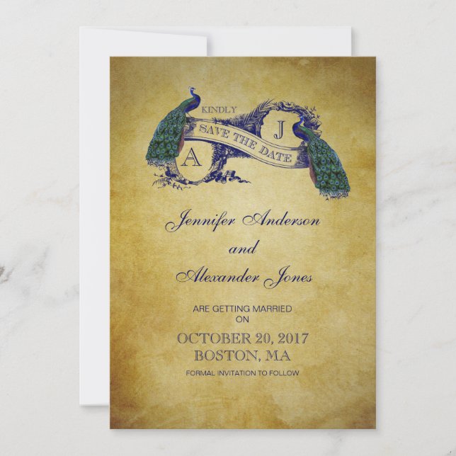 Blue Peacock Rustikale Save the Date Card (Vorderseite)