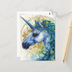 Blue Peacock Unicorn Postkarte