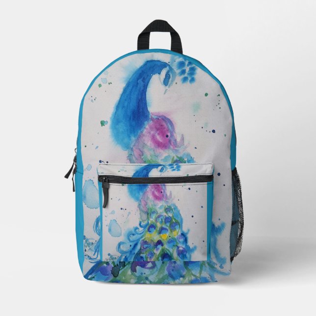 Blue Peacock Wasserfarben Wiederverwendbare Lebens Bedruckter Rucksack (Vorderseite)