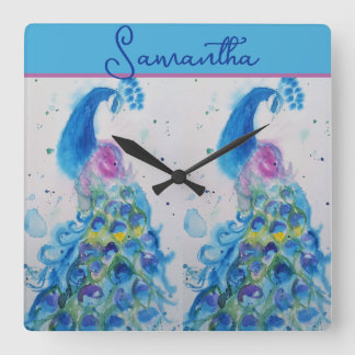 Blue Peacock Watercolor painting Girls Name Quadratische Wanduhr